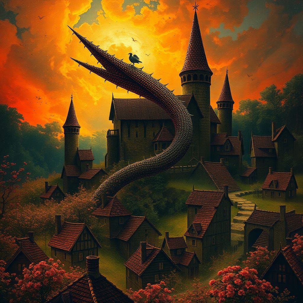 Dragon's Fire: A Surreal Pointillist Destruction