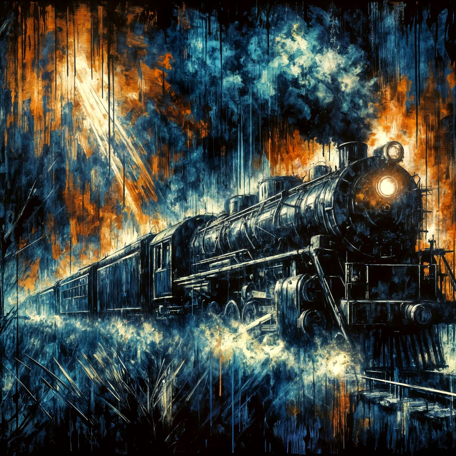 Grunge Train Engine in Sapphire and Copper Forest