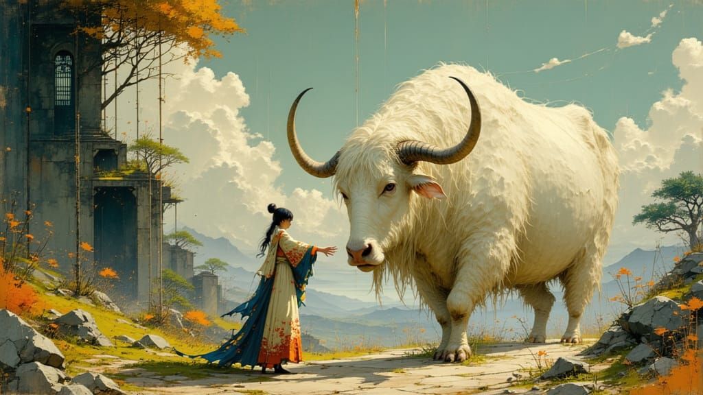Exoplanet Keeper with White Yak in Hyperdetailed Portrait