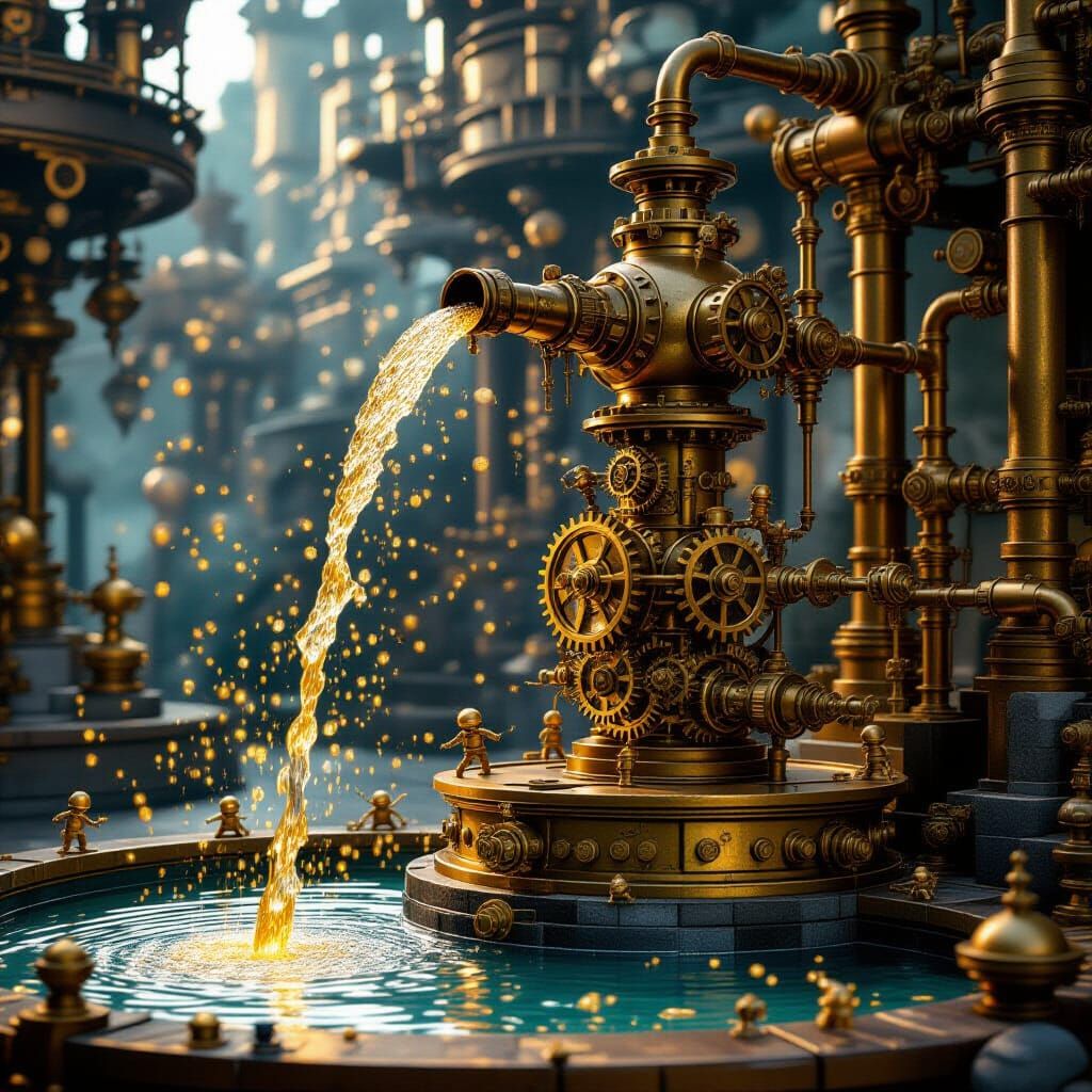 Steampunk Fountain of Golden Liquid, Matte Painting