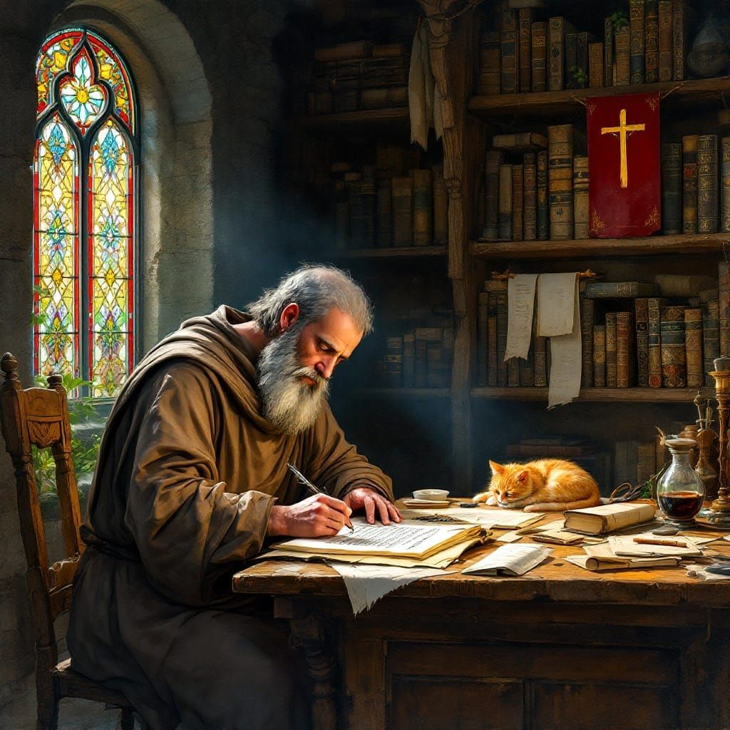 Medieval Scribe at Work in a Serene Scriptarium