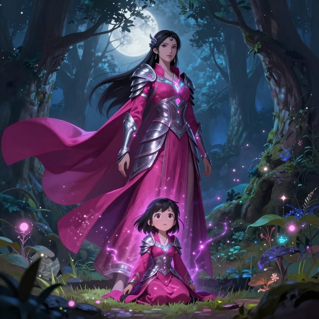 Warrior Woman Embraces Inner Child in Moonlit Forest