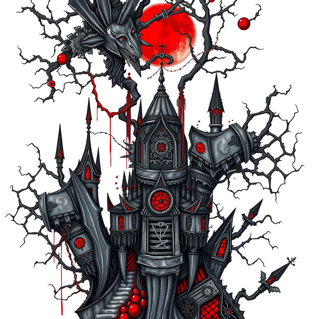 Fantastical 2D Drawing with Bold Lines and Red Accents