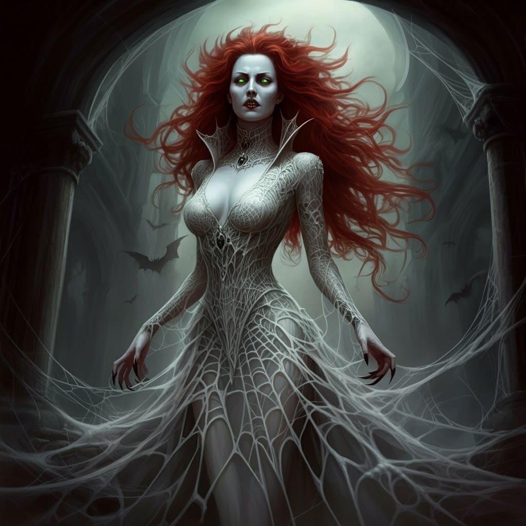 Fiery Haired Vampire in Spider Web Gown