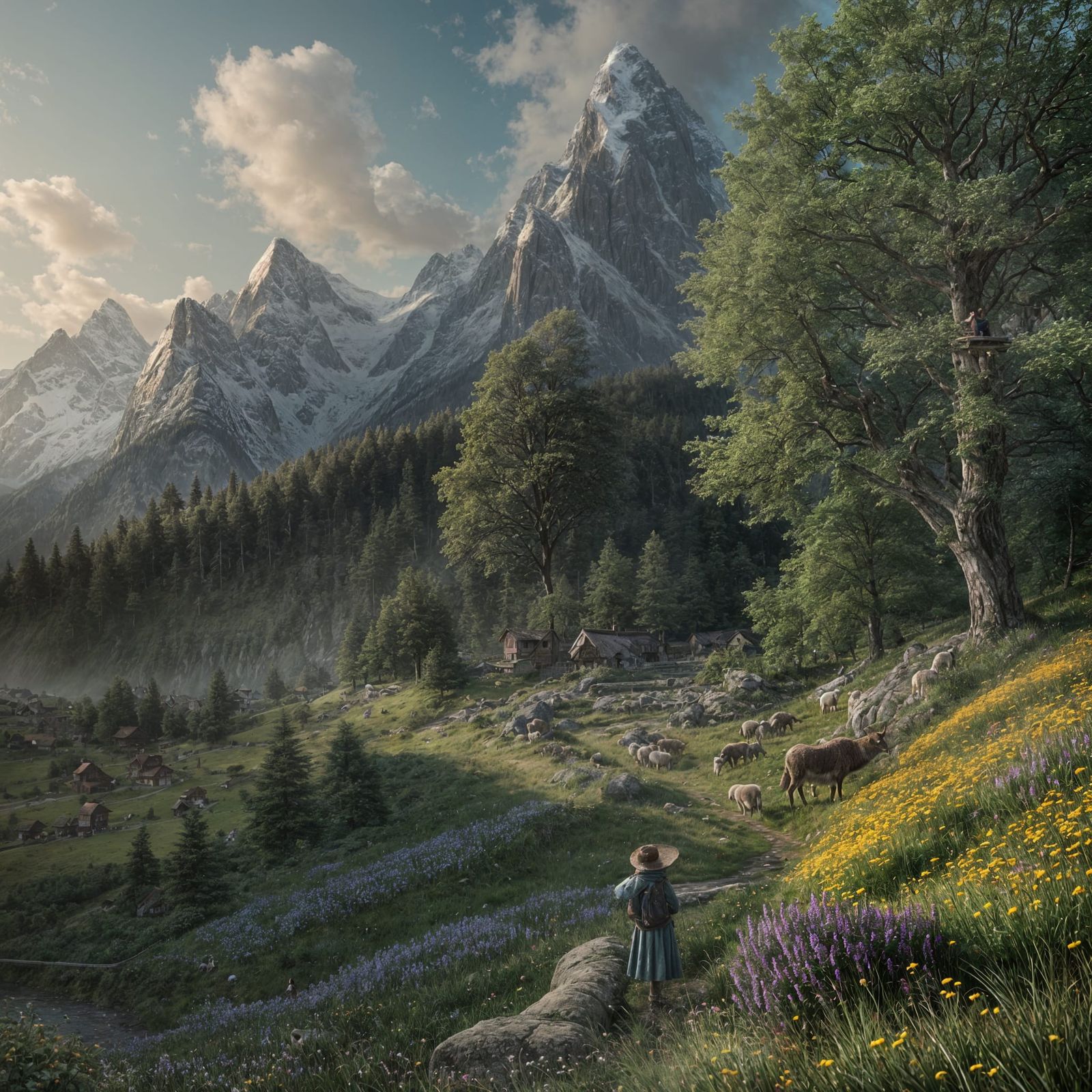 Swiss Shepherd Boy in Lush Valley Landscape