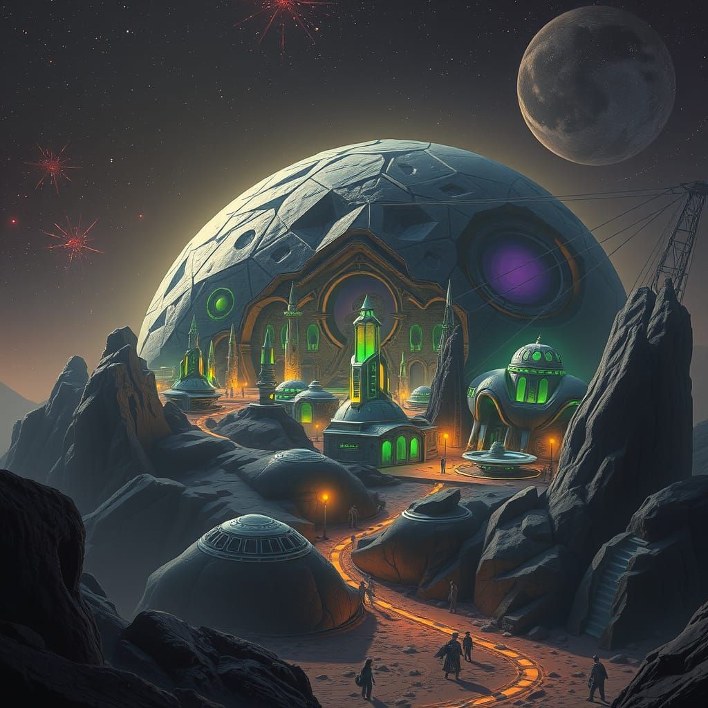 Surreal Futuristic Village Carved Inside a Celestial Asteroi...