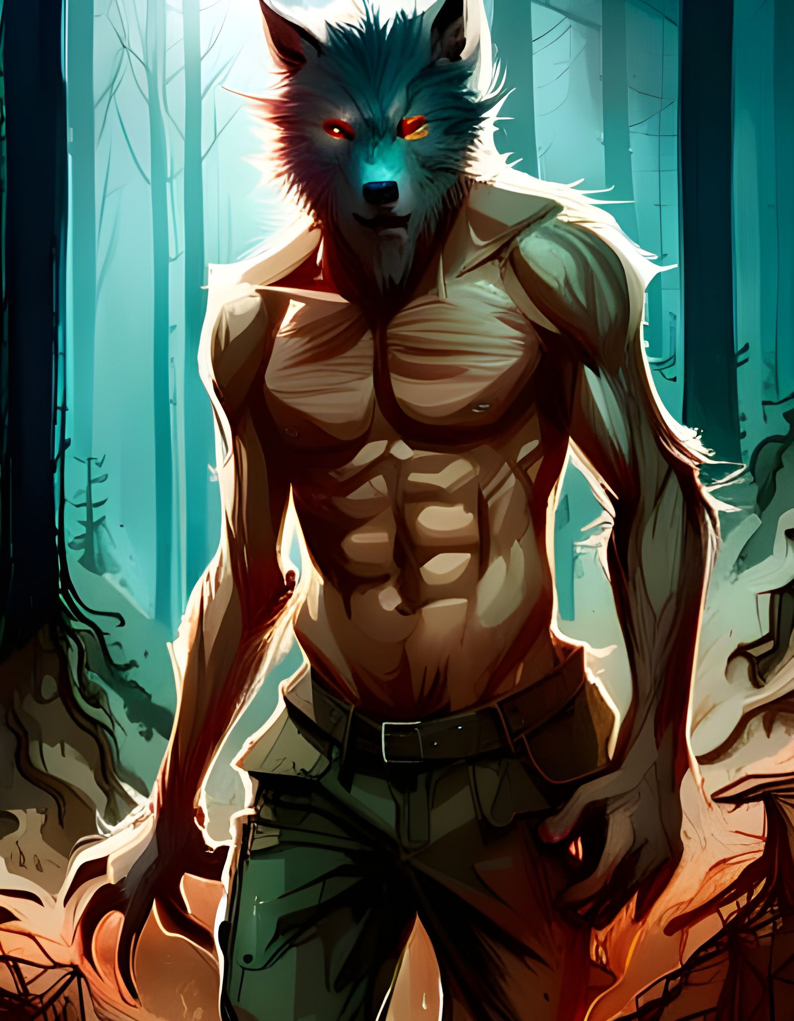 Werewolf in Forest: Digital Illustration with Splash Art