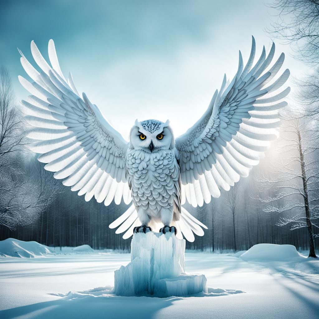 Majestic Ice Sculpture of a Spreading Snow Owl