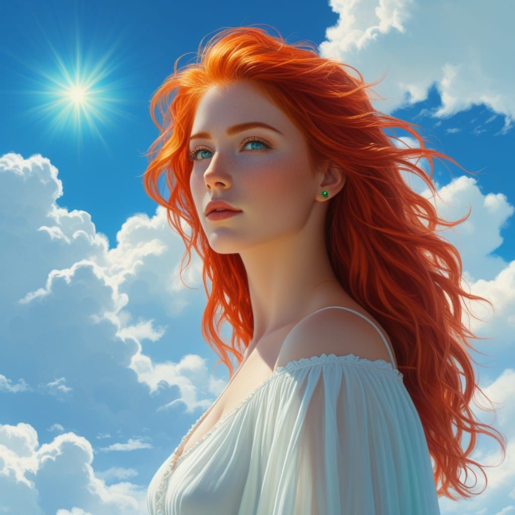 Mystical Woman with Red Hair and Green Eyes in Ethereal Fant...