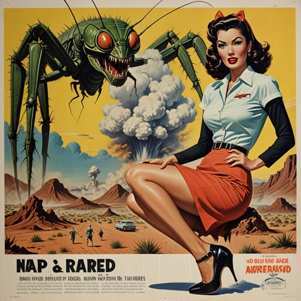1950s Sci-Fi Pinup Girl Flees Giant Mantis
