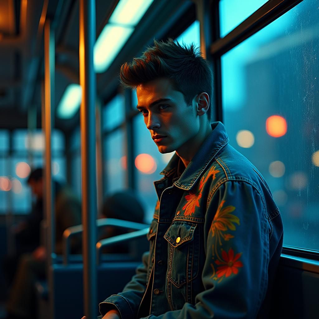 Contemplative Man on City Bus: Fauvist Oil Painting