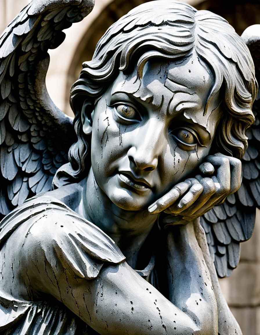 Dramatic Weeping Angel Statue Close-Up
