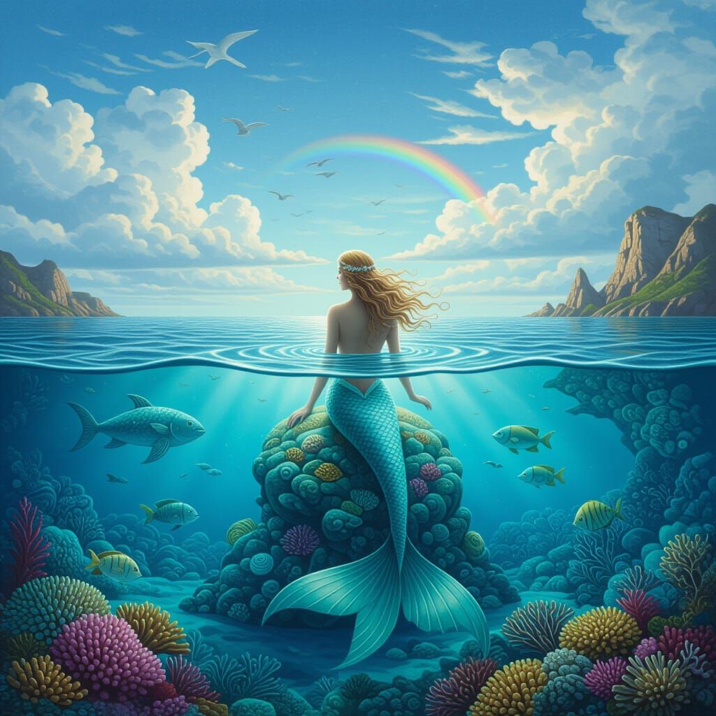 Dreamlike Surreal Landscape with Mermaid