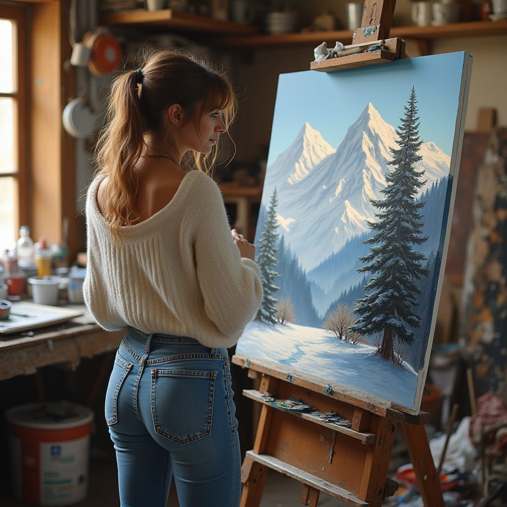 Woman Artist Gazing Lovingly at Serene Snow-Covered Mountain...