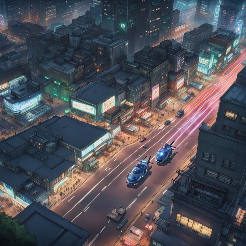 Futuristic Police Chase Under Neon Lights: Anime Style