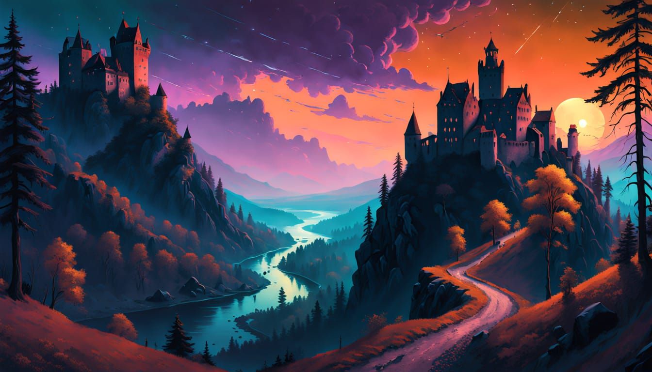 Hyperreal Ruins of Bran Castle at Sunset