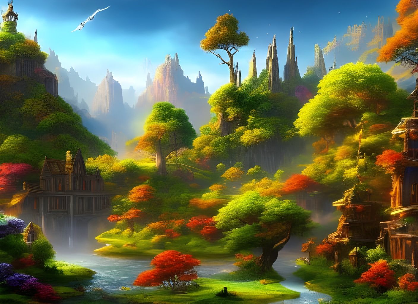 Stained Glass Fairy Town Digital Art