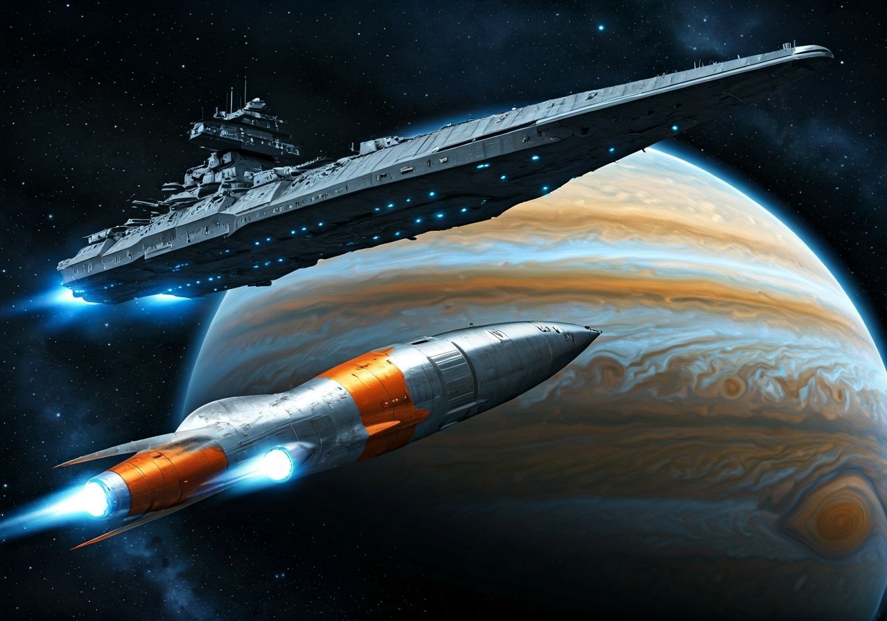 Retro Rocket Meets Modern Cruiser Near Gas Giant