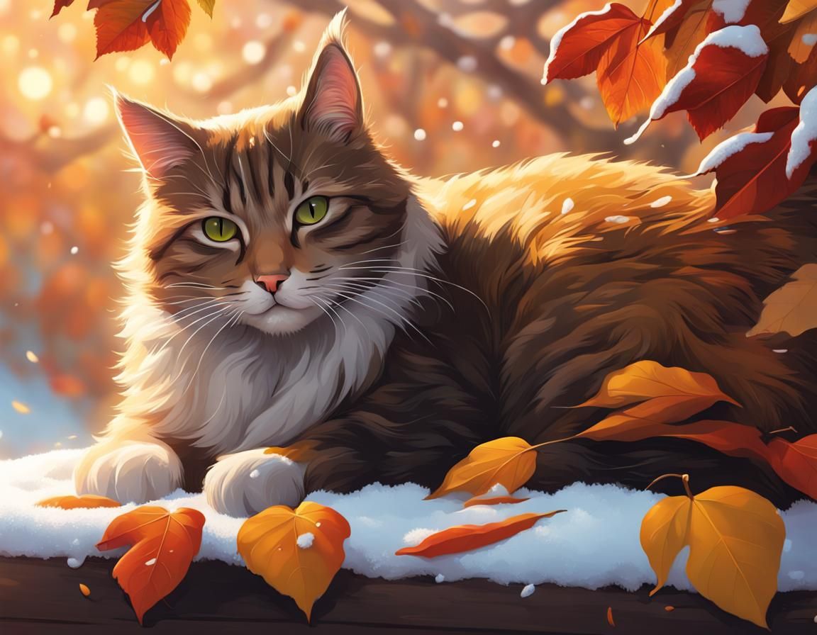 Hyperrealistic Cat Nap in Autumn Snow