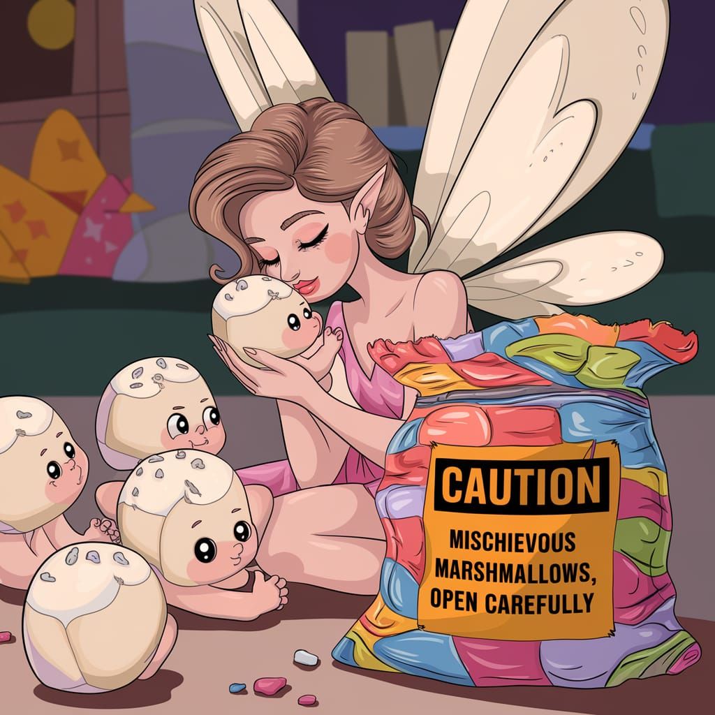A beautiful fairy cuddling a baby marshmallow, several young...