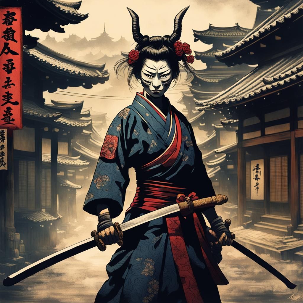 Samurai Lady with Oni Mask in Old Japan