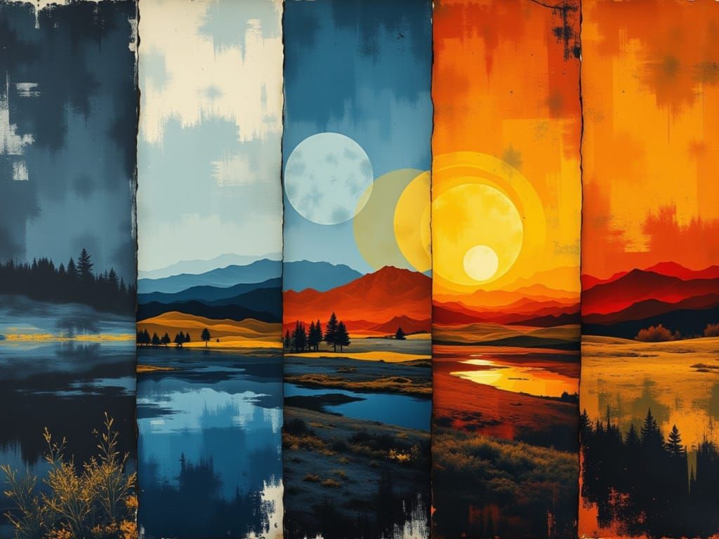 Overlapping Panels of Earth, Water, Air, and Fire