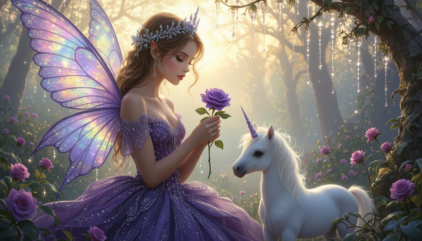 Magical Fairy with Unicorn in Misty Forest Sunrise