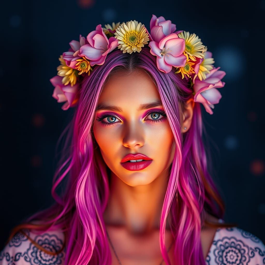 Woman with Flower Crown in Metallic Bioluminescent Style