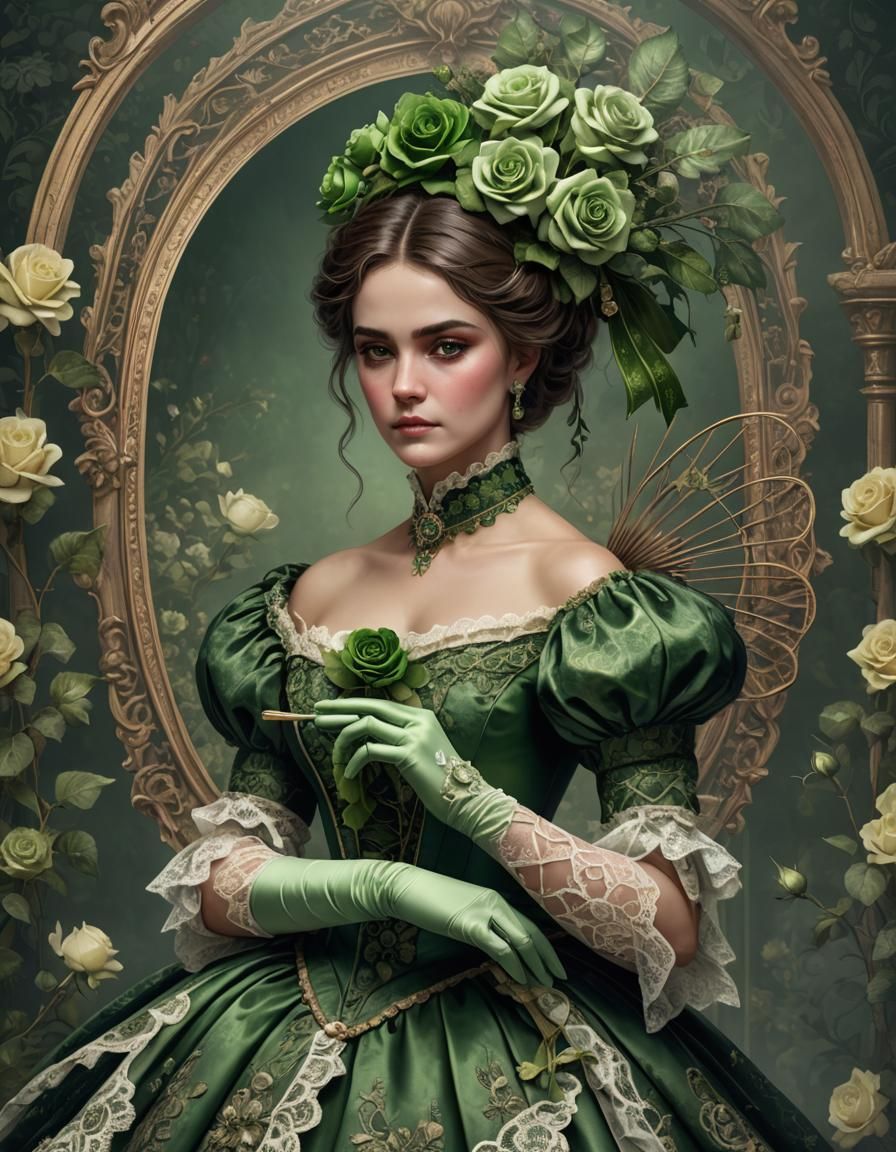 Victorian Woman with Green Roses and Lace Details