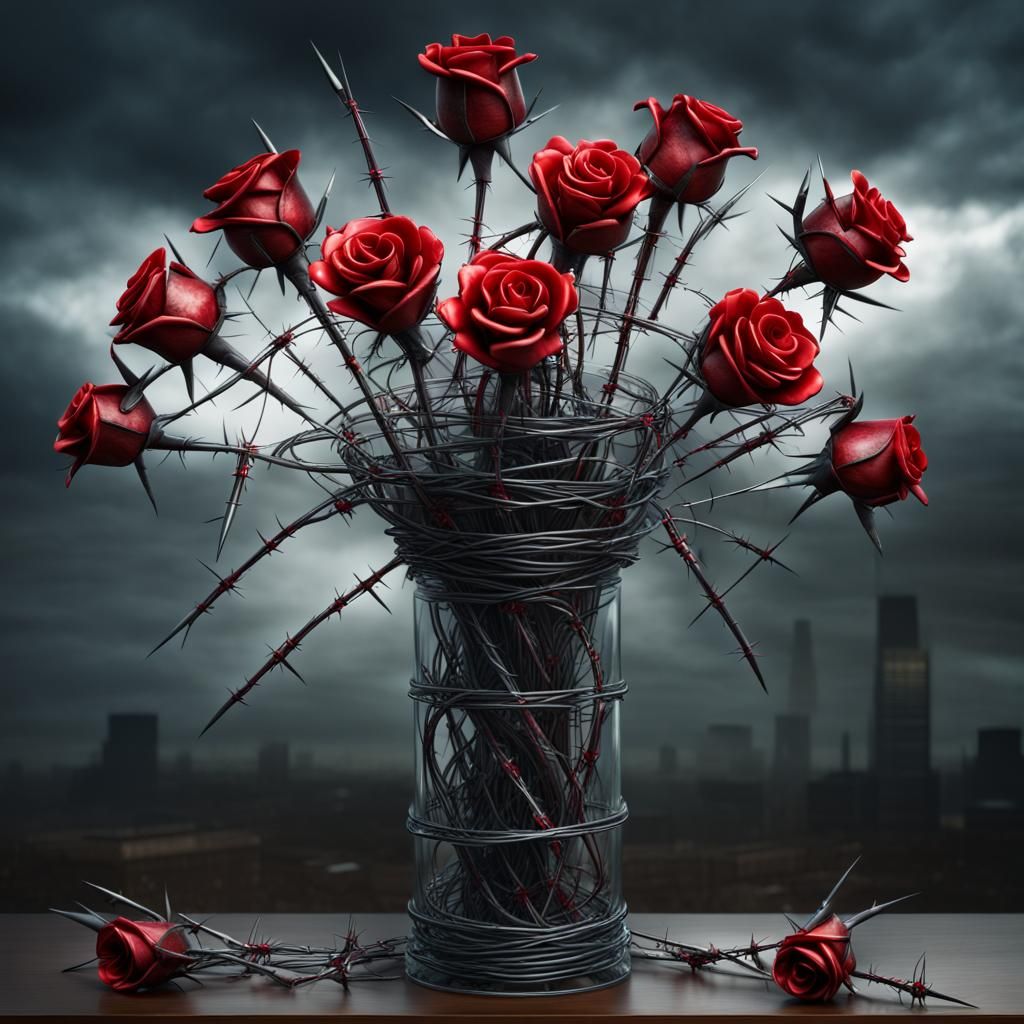 Barbed Wire Bouquet with Red Metal Roses