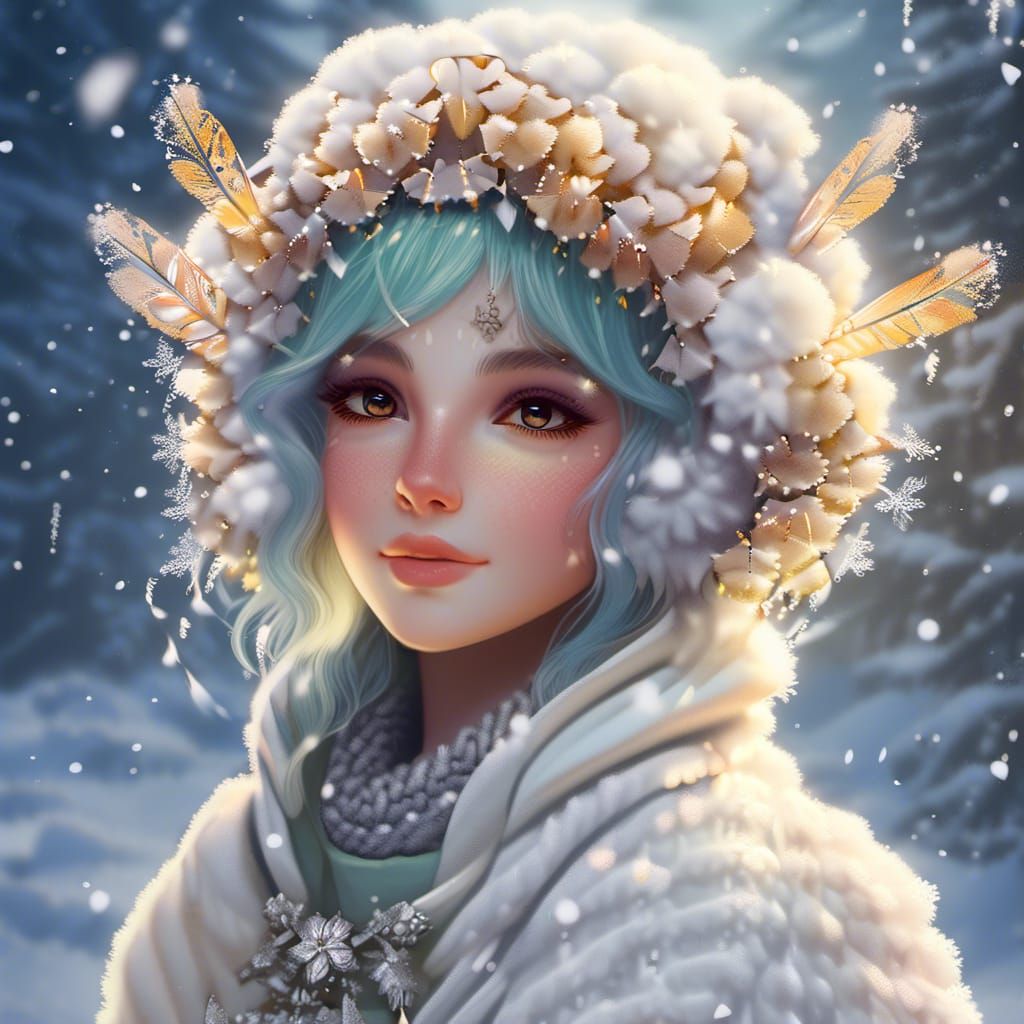 Mystical Fae Portrait in Winter Snow, Warm Ambiance