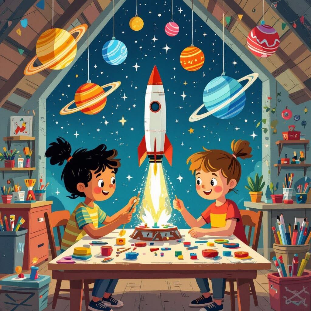 Kids Building Rocket with Toy Planets, Whimsical Art