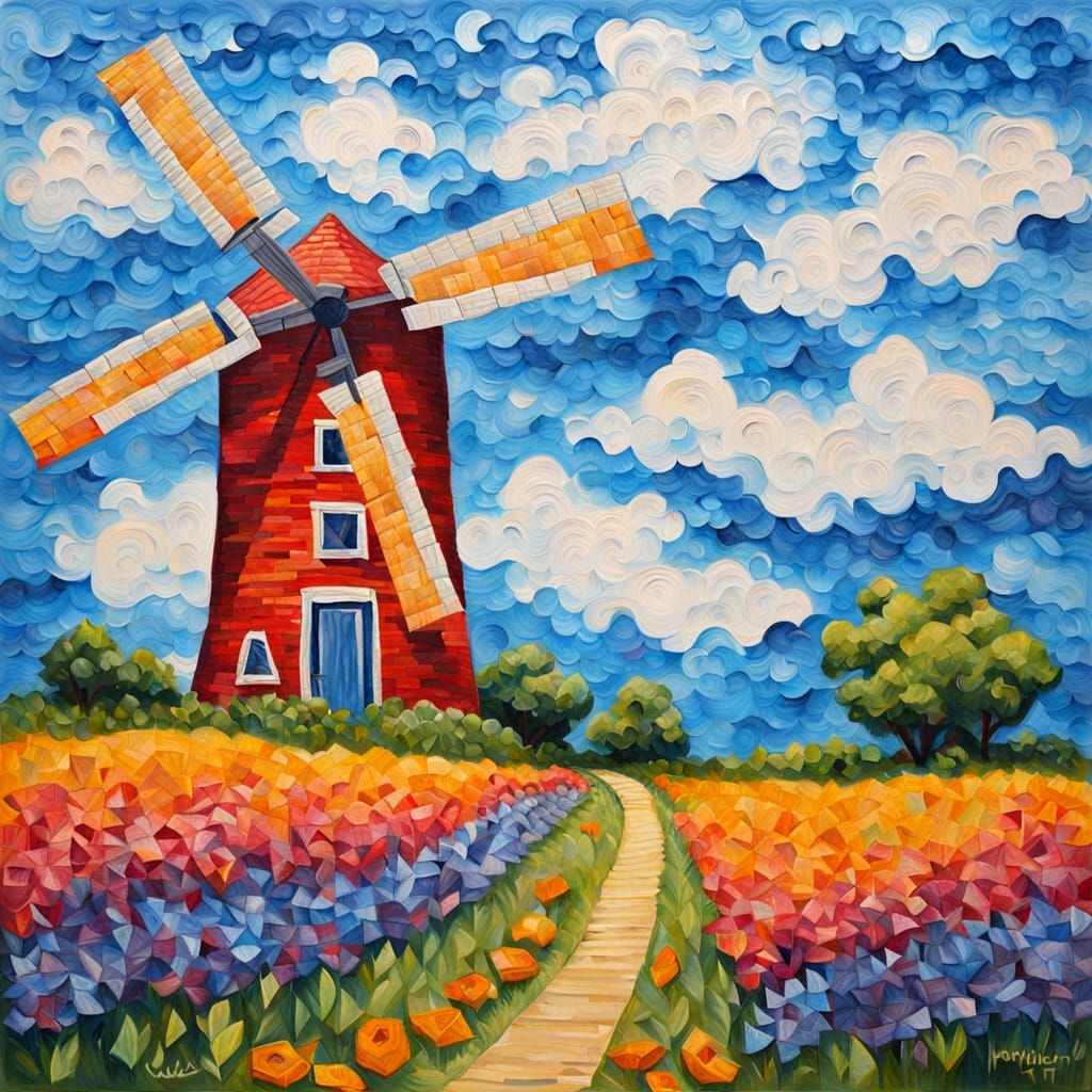 Quilted Windmill in Summer: Acrylic Impasto Art