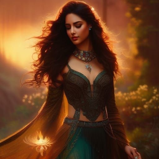 Boho-Chic Woman in Magical Art Nouveau Scene