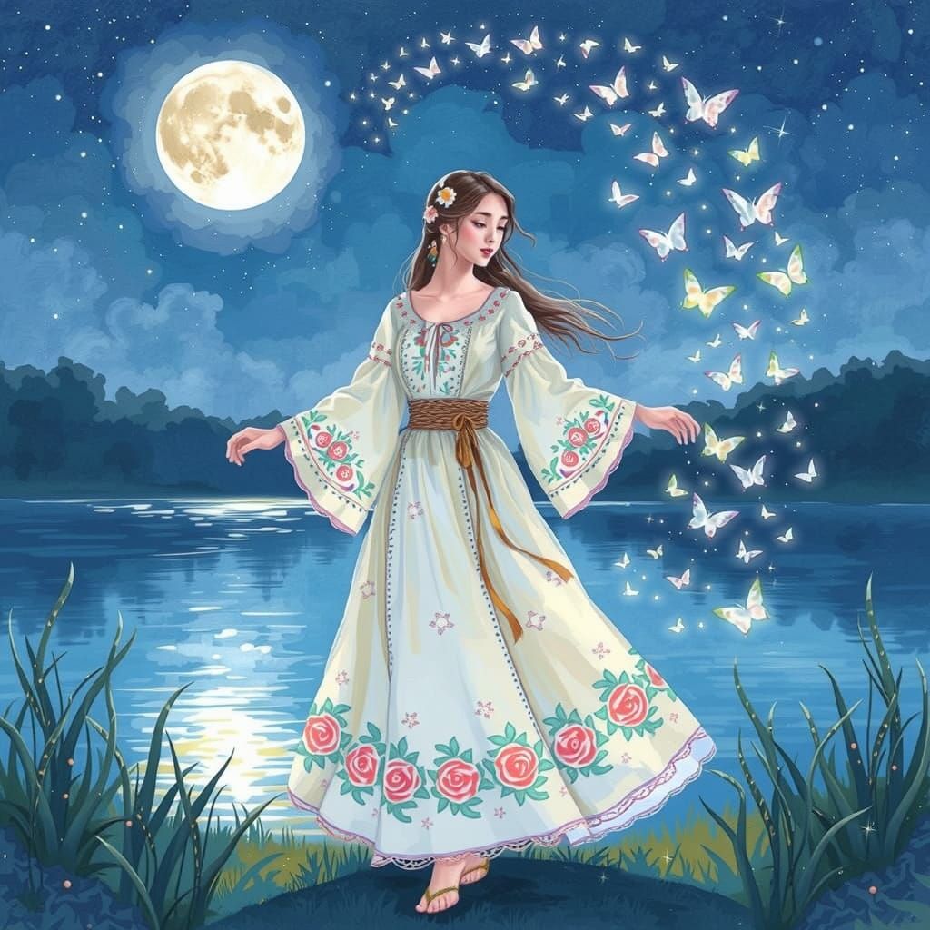 Ethereal Woman with Butterflies by Moonlit Lake