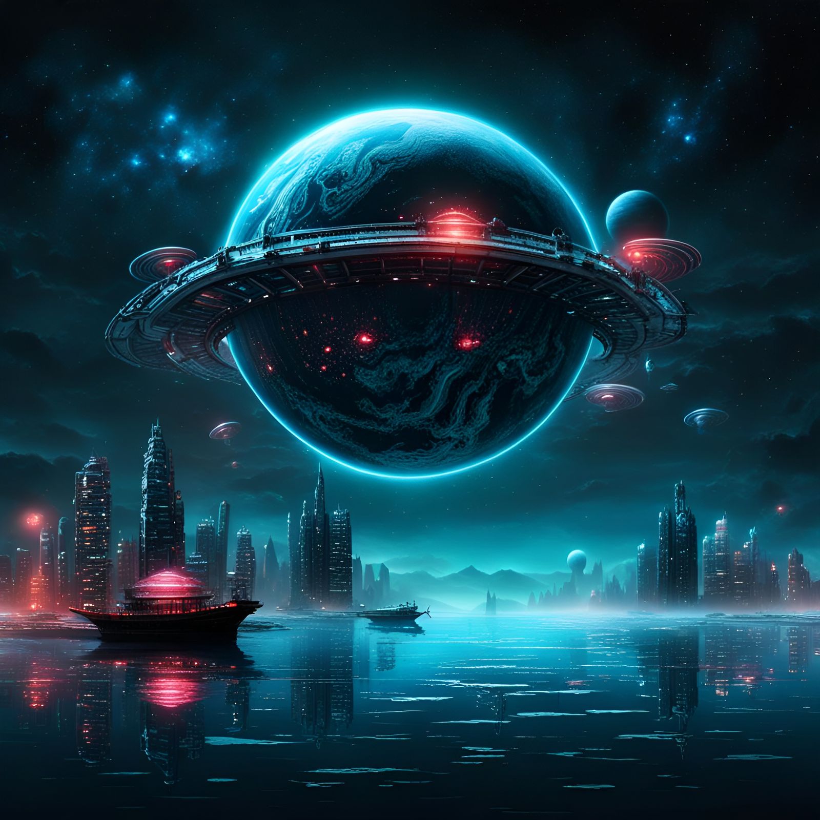 Bioluminescent Alien Cityscape at Night