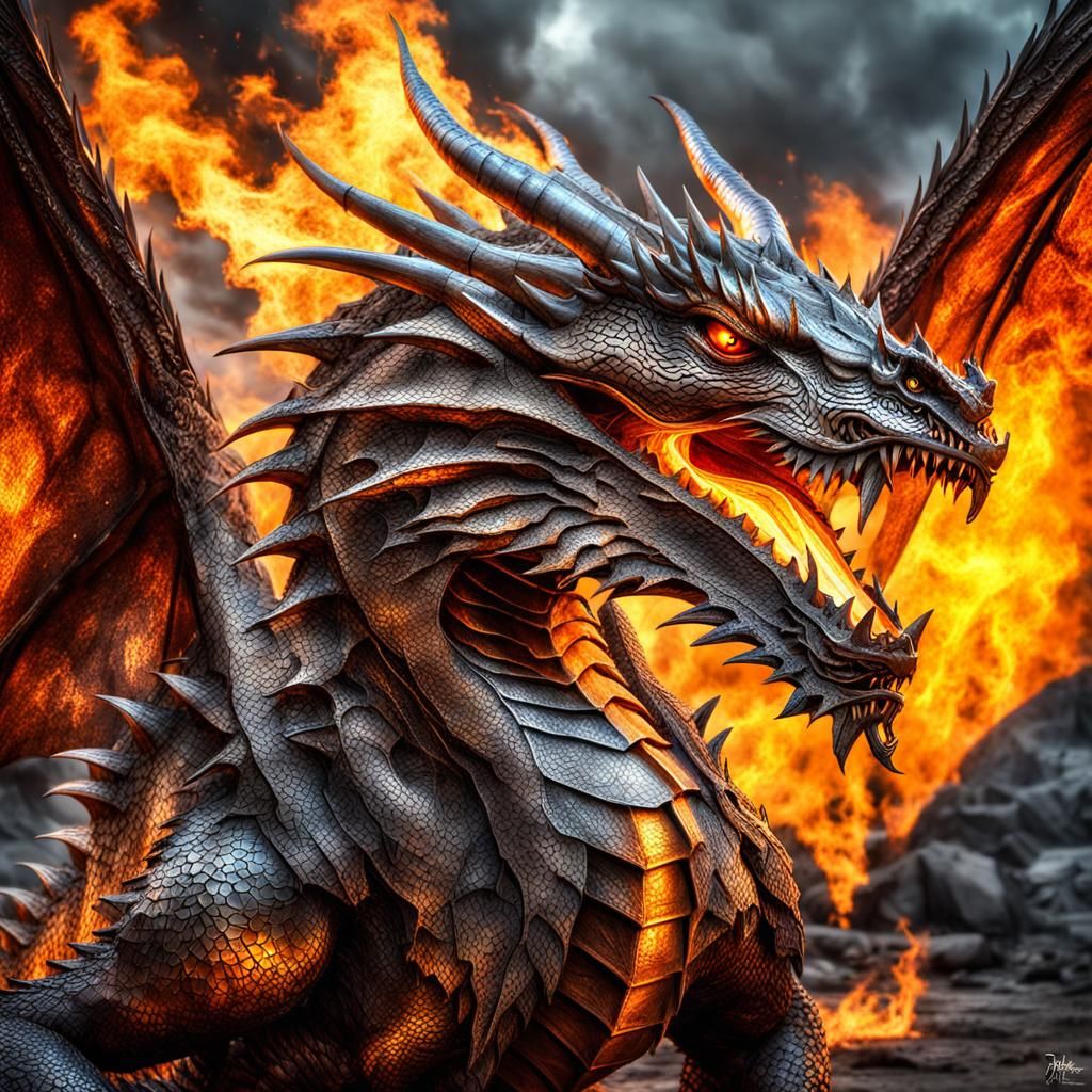 Hyperrealistic Metal Dragon with Fiery Breath