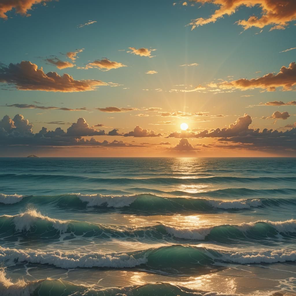 Golden Sunrise Over Tranquil Sea: Digital Matte Painting