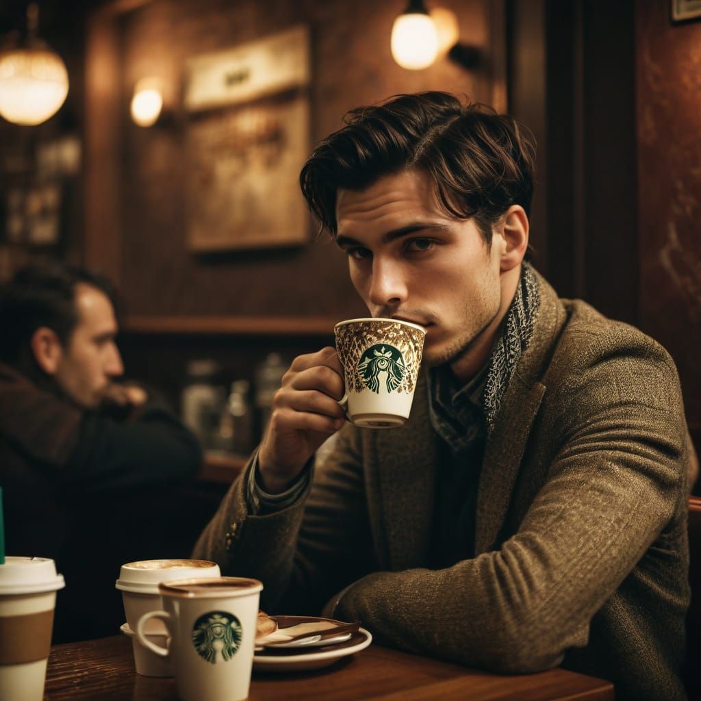 Art Deco Style: Young Man Drinking Starbucks