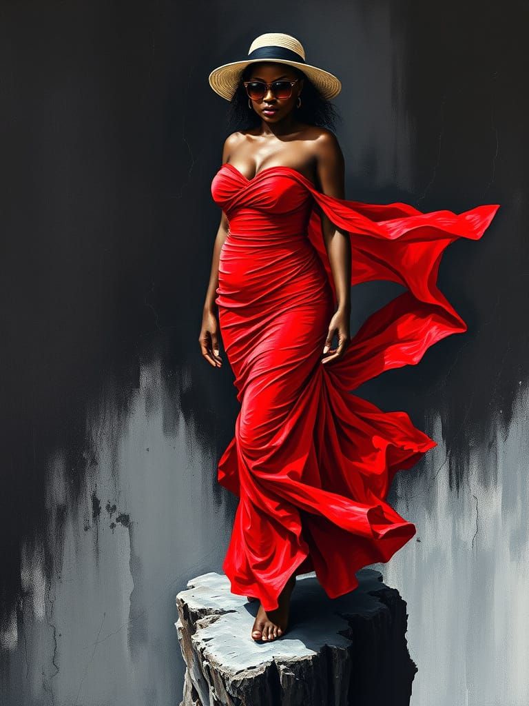 Elegant Woman on Cliff's Edge in Impasto Artwork with Abstra...