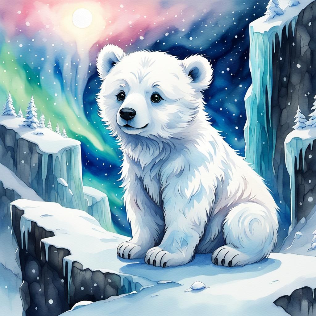 Cute Polar Bear Cub Watercolor Painting