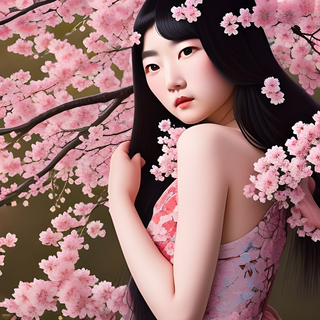 Japanese Girl Portrait with Cherry Blossoms