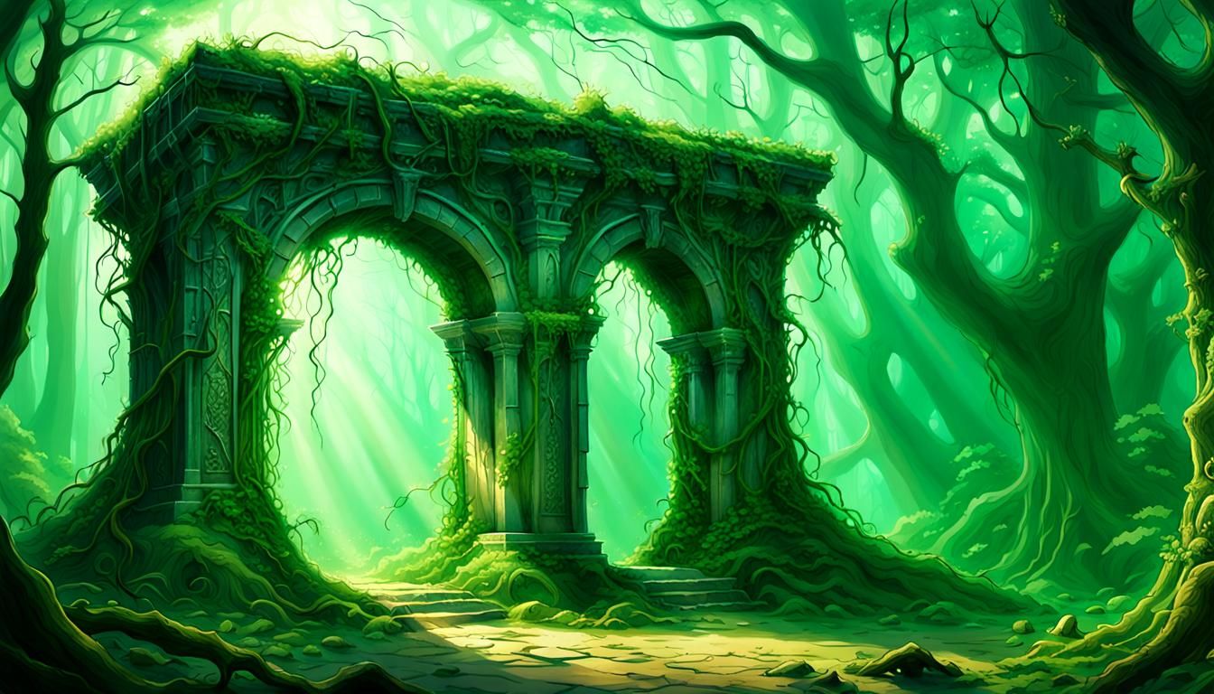 Mystical Relic in Overgrown Fantasy Forest