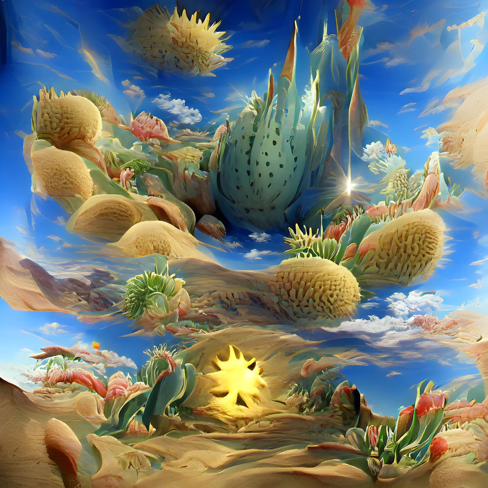 Desert Landscape with Fiery Sun, in Ukiyo-e Style