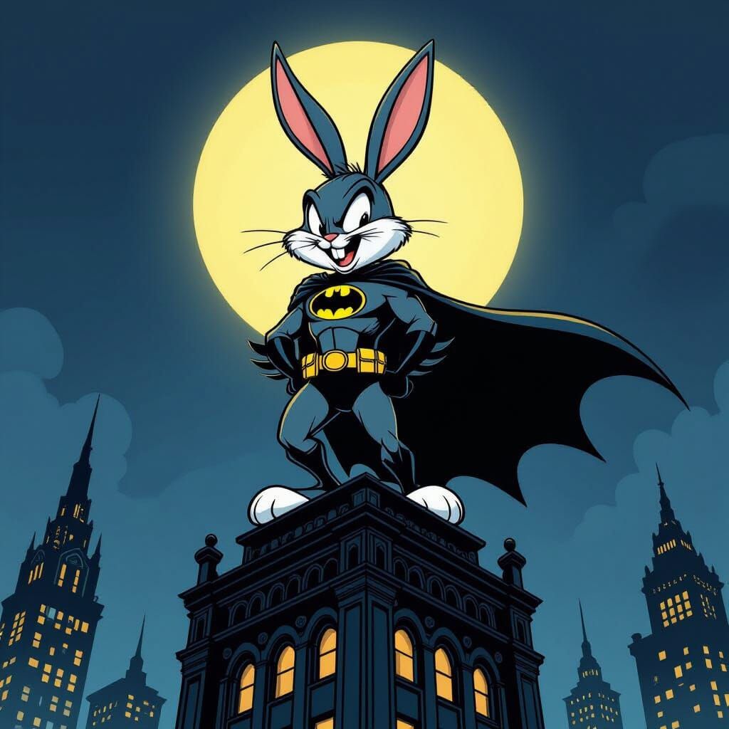 Bugs Bunny as Batman in Gotham City at Night
