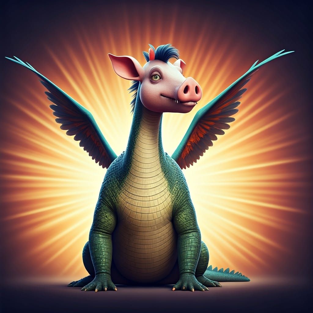 Hybrid Crocodile-Horse-Pig-Bird Creature: 3D Digital Art