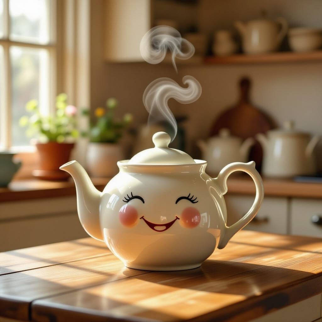Anthropomorphic Teapot on Rustic Table in Cozy Kitchen