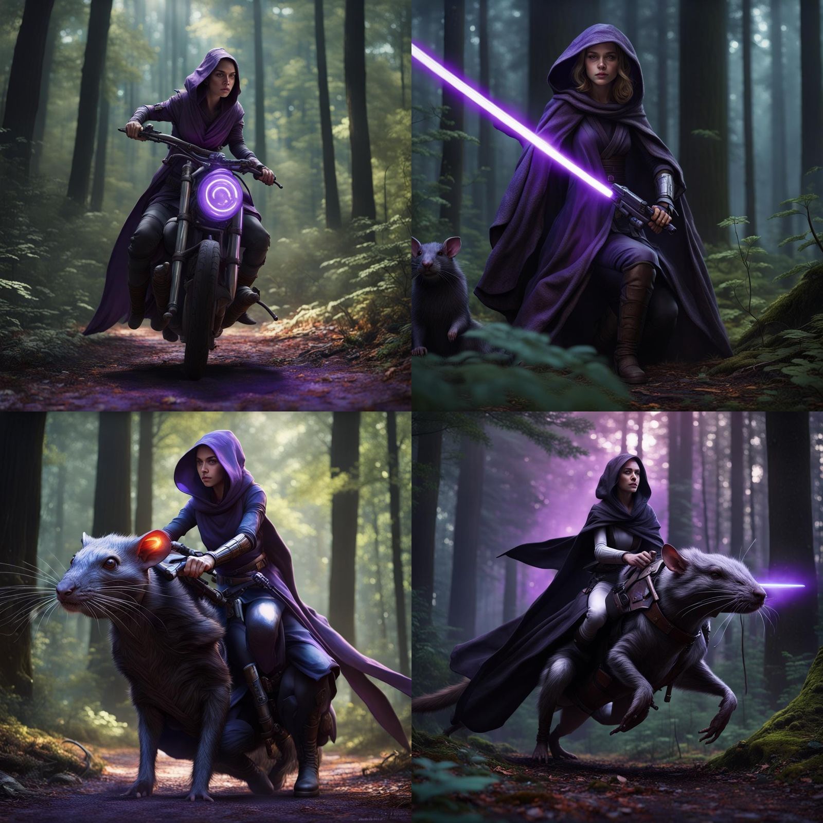Jedi Woman Rides Rat in Dark Fantasy Forest
