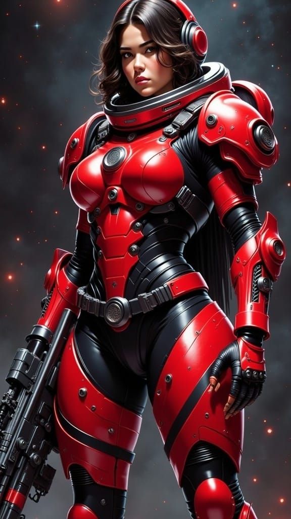 Heroic Curvy Female Space Pilot in Detailed Red and Black Ar...