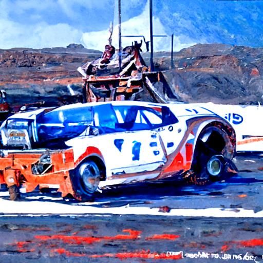 Wrecked NASCAR Stock Car: Oil Painting